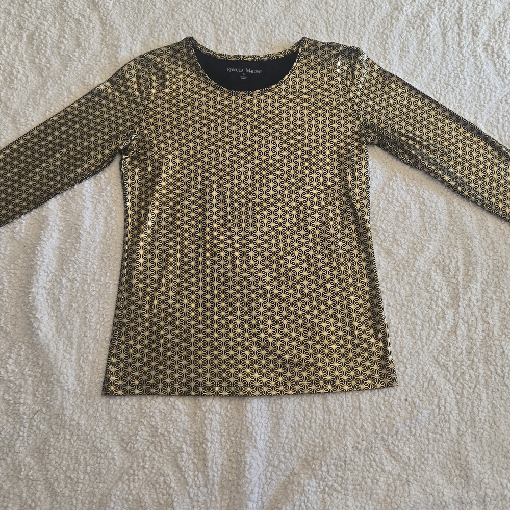 Rebecca Malone Black Gold Foil Star Print 3/4 Sleeve Top Sz S Y2K Boho Glam